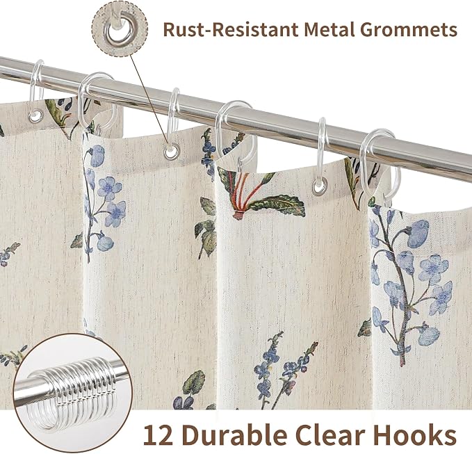 Colorful Star Farmhouse Blue Floral Linen Shower Curtain, 72" W x 72" L | Vintage Boho Shower Curtain for Bathroom, French Country Pattern Waterproof Bathroom Curtains with 12 Clear Hooks
