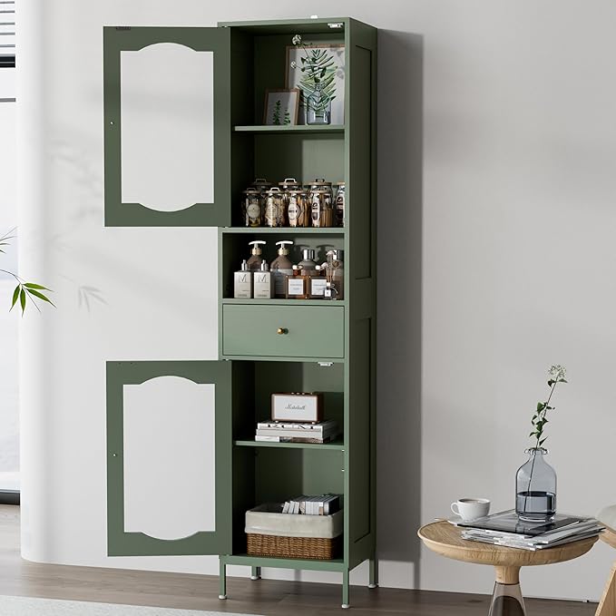 66.4" Tall Bathroom Storage Cabinet with Adjustable Shelves and Glass Doors, Anti-Tipping Narrow Cabinet, Linen Cabinet for Bathroom, Kitchen, Living Room, Olive Green