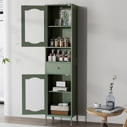 66.4" Tall Bathroom Storage Cabinet with Adjustable Shelves and Glass Doors, Anti-Tipping Narrow Cabinet, Linen Cabinet for Bathroom, Kitchen, Living Room, Olive Green