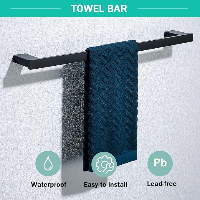 5-Pieces Matte Black Bathroom Accessories Set, Stainless Steel Bathroom Hardware Set, 23.6 Inch Bath Towel Bar Set, Towel Hooks,Towel Racks for Bathroom Wall Mounted,SE96009S-5MB