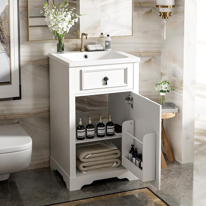 Merax Modern 20'' Bathroom Vanity with Single Sink Combo, Solid Wood Bathroom Storage Cabinet with Soft Close Door & Adjustable Shelf, Freestanding Vanities Set with Door-Mounted Storage Rack, White
