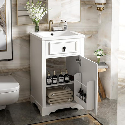 Merax Modern 20'' Bathroom Vanity with Single Sink Combo, Solid Wood Bathroom Storage Cabinet with Soft Close Door & Adjustable Shelf, Freestanding Vanities Set with Door-Mounted Storage Rack, White