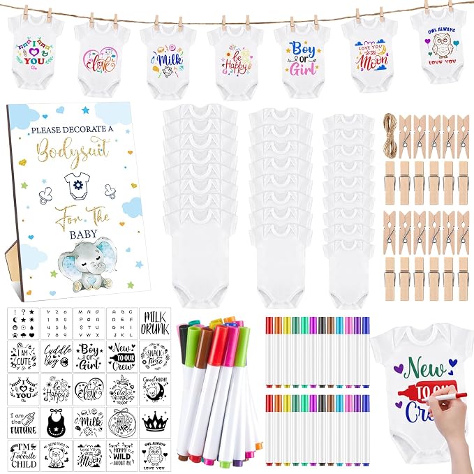 Panitay 126 Pcs Baby Shower DIY Bodysuit Set Bib 25 Blank White Newborn Bodysuit 25 Stencils 24 Marker 1 Sign 50 Pins(Blue Elephant)