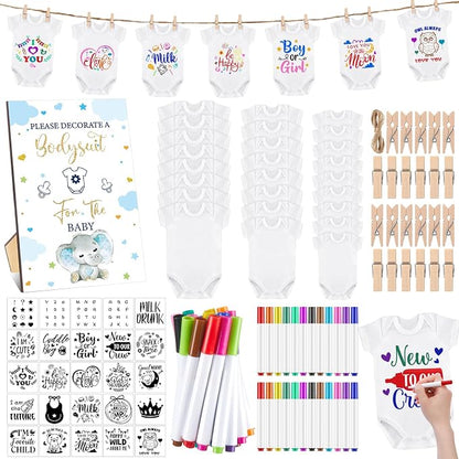 Panitay 126 Pcs Baby Shower DIY Bodysuit Set Bib 25 Blank White Newborn Bodysuit 25 Stencils 24 Marker 1 Sign 50 Pins(Blue Elephant)