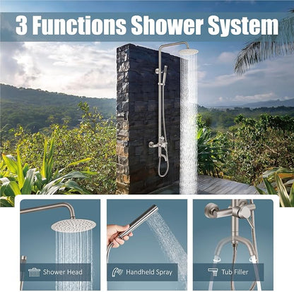 Aolemi Outdoor Shower SUS304 Outside Kit Handheld Tub Spout Brushed Nickel | 8 Inch Head, Handheld Spray, Swivel Tub Faucet, Adjustable Height,Outside Exposed Shower Fixture,Single Handle,Wall Mount