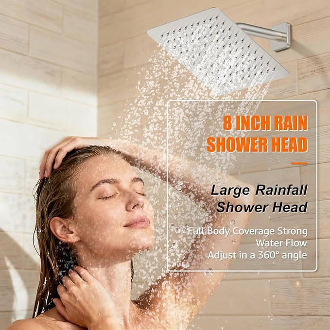 Shower System Modern Rain 8 inches Brass Faucet Set With Valve and Diverter Shower Mixer With Handheld High Pressure Square Rainfall Shower Valve (8'' Wall Mount, Brushed Nickel)