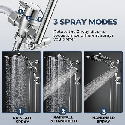 Shower Head, Rain Shower Head with Handheld Spray Combo, 8 Inch Adjustable High Pressure Rainfall Shower Head, Dual Showerhead Set with Extension Arm