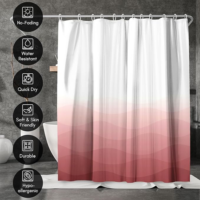 Americanflat 71x74 Wave Pink Ombre Shower Curtain - Water-Resistant Long Shower Curtain with Durable Grommets and 12 Hooks - 100% Polyester