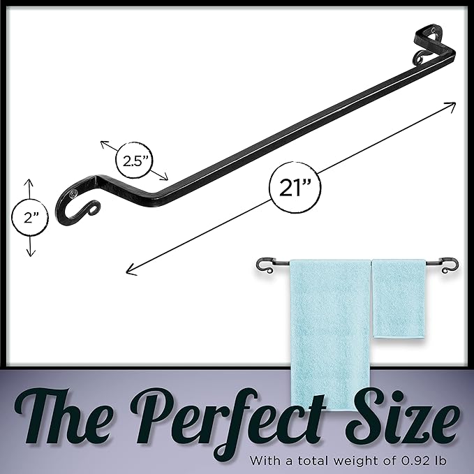 Stur-De Wrought Iron Towel Holder - Rustic Towel Rack for Bathroom or Kitchen, Wall-Mount Black Iron Towel Bar for Bath Towels - Decorative Black Towel Bar for Farmhouse-Style Home - 21 x 3 x 2 Inches