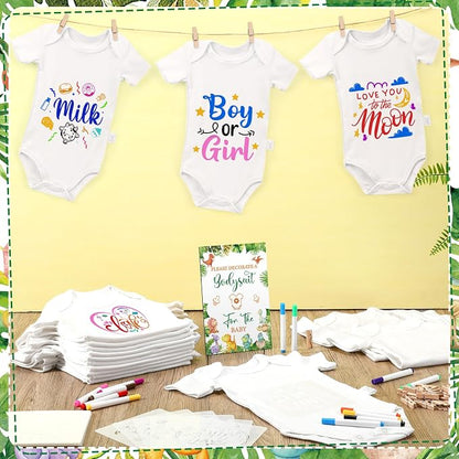 Panitay 126 Pcs Baby Shower DIY Bodysuit Set Bib 25 Blank White Newborn Bodysuit 25 Stencils 24 Marker 1 Sign 50 Pins(Dinosaur)