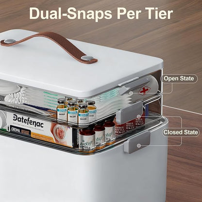 Spreezy 3-Tier Medicine Storage Box, Portable Empty First Aid Kit | Cabinet with Leather Handles. Large Capacity Multifunctional Storage Box with Lid and Clasp for Medicine, Sewing, Art, Craft