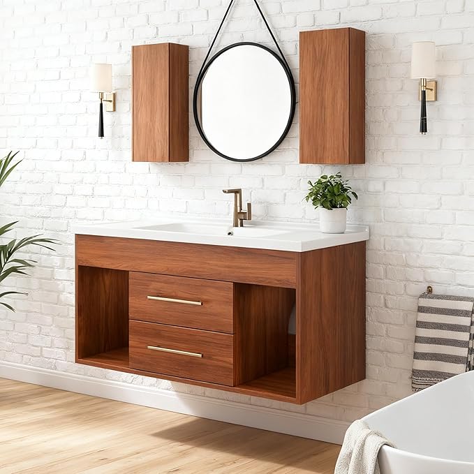 36" Floating Bathroom Vanity with Single Sink, Modern Wall Mounted Bathroom Vanities with Ceramic Basin, Wood Bathroom Vanity Cabinet with 2 Drawers and 2 Open Cabinets, Walnut