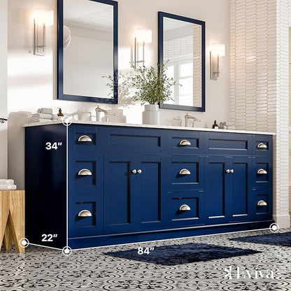 Eviva Blue Bathroom Vanity, 84 inch, Carrara Quartz Countertop - Double Sink - Soft-Closing Doors & Brushed Nickel Handles