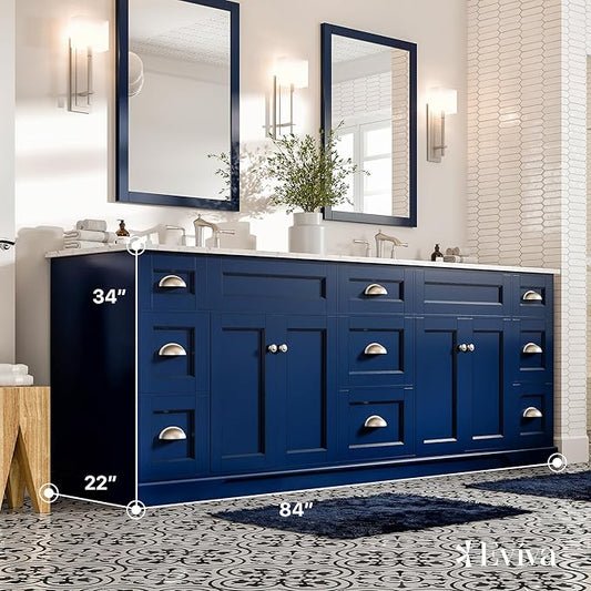 Eviva Blue Bathroom Vanity, 84 inch, Carrara Quartz Countertop - Double Sink - Soft-Closing Doors & Brushed Nickel Handles