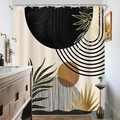 Mid Century Black Gold Boho Abstract Modern Bathroom Shower Curtain Set | 72Wx72L Green S design, waterproof HD print with fast-drying fabric and 12 hooks.