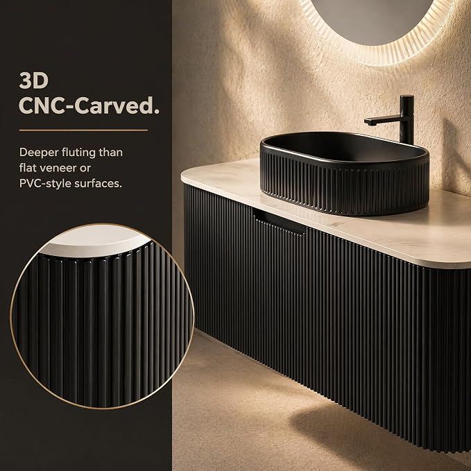 60 Inch Double Sink Bathroom Vanity, Floating Wall Mounted Cabinet, Black Curved Fluted Front, Stone Top, Dual Black Textured Oval Vessel Basins, Pre-Assembled