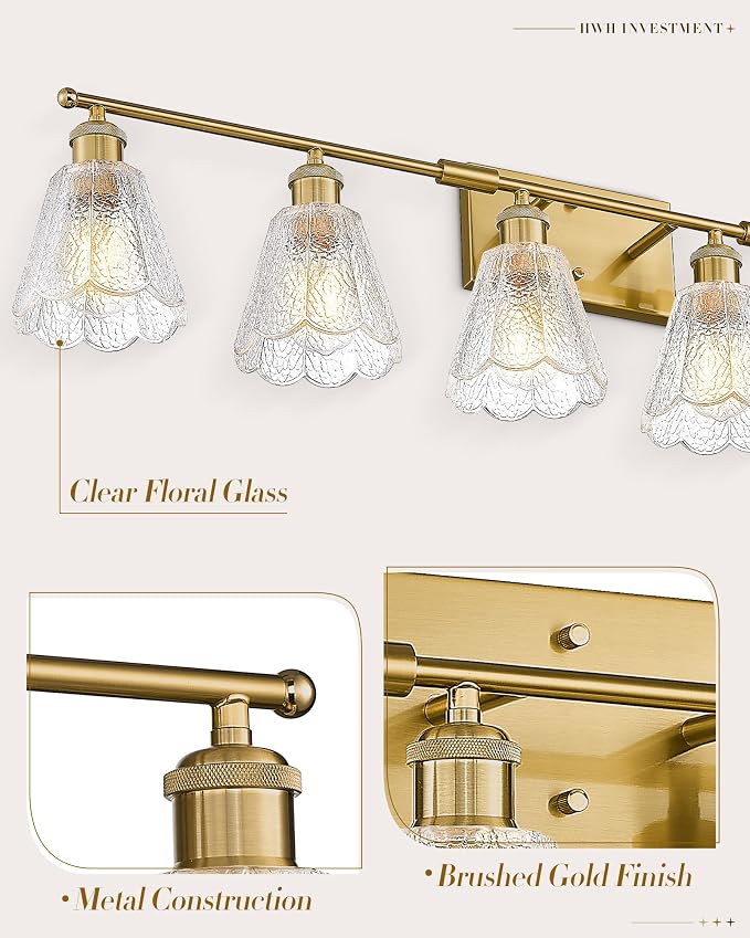 HWH INVESTMENT Bathroom Light Fixtures, 6-Light Brushed Gold Vanity Lights for Bathroom with Clear Floral Glass Shade, 41 inch Bathroom Vanity Lights Over Mirror for Bedroom, 5HJX110B-6W BG