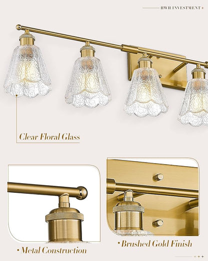 HWH INVESTMENT Bathroom Light Fixtures, 6-Light Brushed Gold Vanity Lights for Bathroom with Clear Floral Glass Shade, 41 inch Bathroom Vanity Lights Over Mirror for Bedroom, 5HJX110B-6W BG
