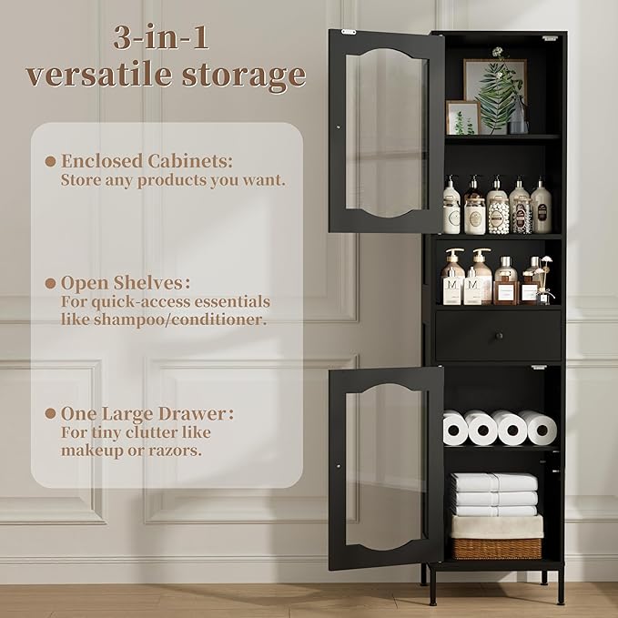 66.4" Tall Bathroom Storage Cabinet with Adjustable Shelves and Glass Doors, Anti-Tipping Narrow Cabinet, Linen Cabinet for Bathroom, Kitchen, Living Room, Black