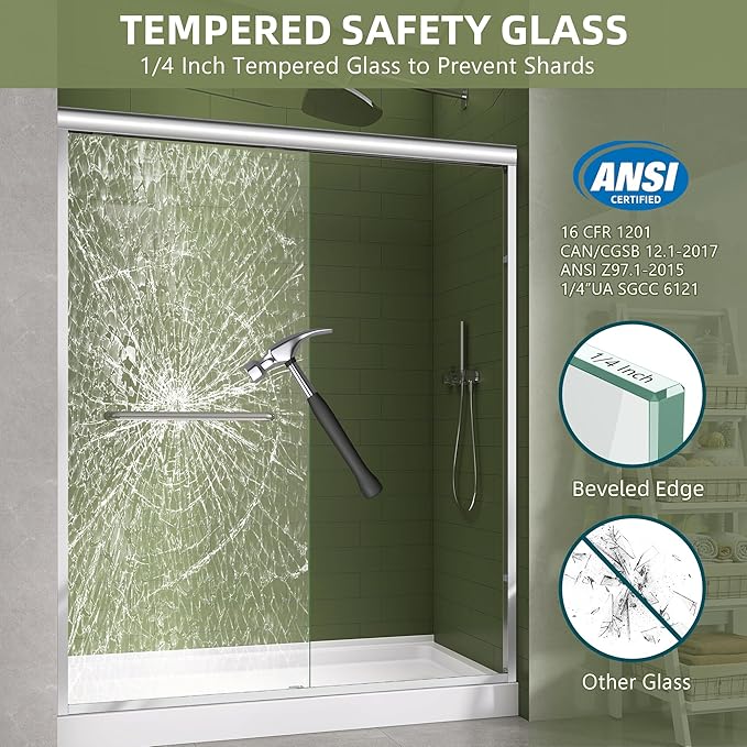GETPRO Sliding Shower Door 50-54 in. W x 72 in. H Semi-Frameless Bypasss Double Sliding Glass Shower Enclosure,1/4 inch Clear Tempered Glass Door for Walk-in Shower Chrome
