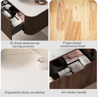 24" Modern Floating Bathroom Vanity with Sink, Dark Walnut | Plywood Cabinet, Single Sink, Doubel Sink, Ceramic Basin & Marble Countertop, Pre-Assembled