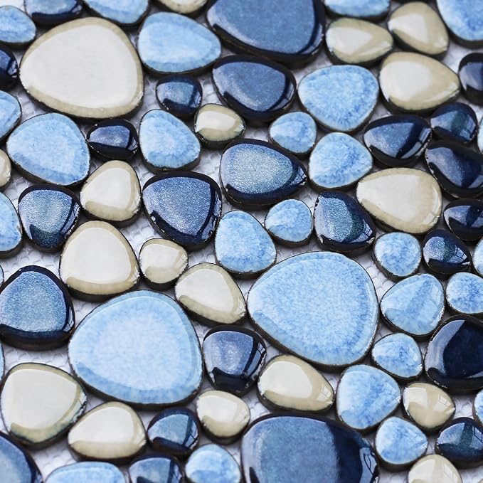 Shower Floor Pebble Tile Blue Mosaic Tiles for Bathroom Wall Backsplash Floor [Set of 5 Sheets]