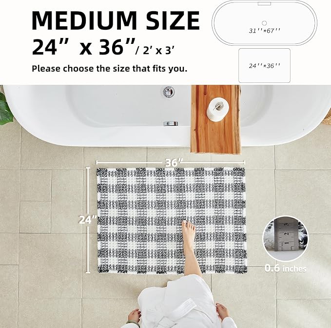 TYUU Waffle Bath Mat, Checkered Bathroom Rugs Non Slip, 36x24 Black & White | Super Absorbent Quick Dry Bath Rug, Non-Slip Backing, Soft Waffle Washable Farmhouse Bathroom Mats, Tub, Shower & Home Decor