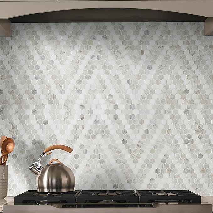 MSI Angora Sazi 11 in. x 14 in. Polished Marble Hexagon Tile for Kitchen Backsplash, Floor Tile, Wall Tile for Bathroom, Shower Wall Tile, Mesh Mounted Mosaic Tile
