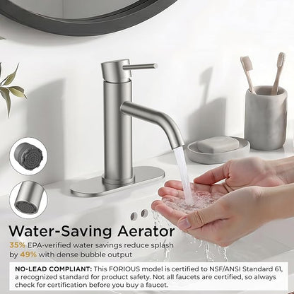 FORIOUS Bathroom Faucet 1 Hole, Single Handle Sink Faucets Brushed Nickel | for 1 or 3 Hole 4 Inch Centerset Sink, with Pop-up Drain, NSF61 Certified, for Vanity Rv Commercial Lavatory Restroom Basin