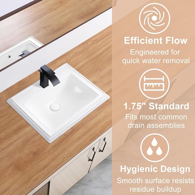 23" Drop-in Bathroom Sink With Single Hole White Ceramic Rectangular Vanity Basin Modern Self-Rimming Design for Master Bath, Powder Room and Guest Bathroom