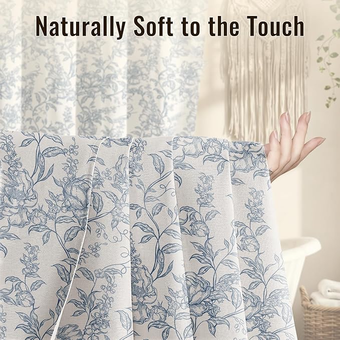 Farmhouse Blue Floral Shower Curtain with 12 Clear Rings 72"W x 84"L | Boho Fabric Shower Curtain Set, Vintage Cottagecore Shower Curtain for Bathroom