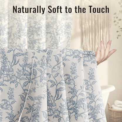 Farmhouse Blue Floral Shower Curtain with 12 Clear Rings 72"W x 84"L | Boho Fabric Shower Curtain Set, Vintage Cottagecore Shower Curtain for Bathroom