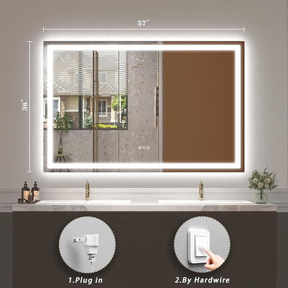 57x36 LED Lighted Bathroom Mirror for Vanity Wall | Front Light and Backlit, Anti-Fog, Memory, 3 Color, Tempered Glass, Dimmable, Rectangular, UL, Horizontal/ Vertical Mounted
