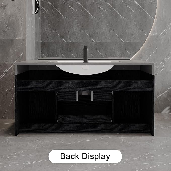 40 inch Modern Floating Bathroom Vanity with Sink, Wall Mounted Bathroom Cabinet with Ceramic Sink, Grey Sintered Stone Countertop, 2 Soft Closing Drawers & 2 Storage Cabinet, Gold Handle, Black