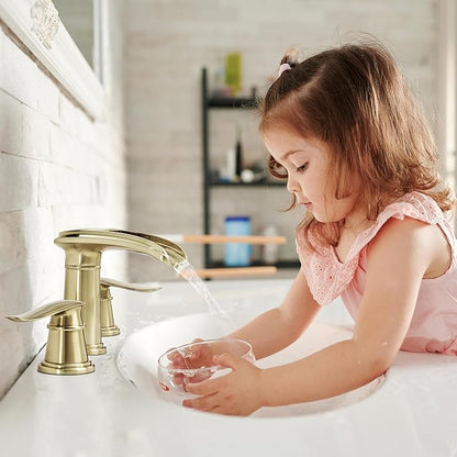 BWE Waterfall Bathroom Faucet, Brushed Gold 8 Inch Widespread Bathroom Sink Faucet Two-Handle with Pop-up Drain, for Vanity, Lavatory Sink