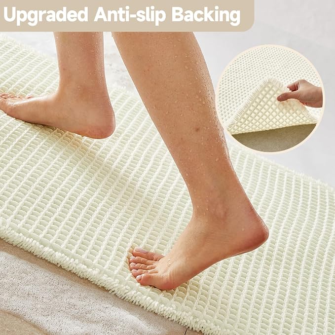 TYUU Cream White Waffle Bath Mat, Boho Bathroom Rugs Non Slip, 48x24 | Super Absorbent Quick Dry Bath Rug, Non-Slip Backing, Soft Waffle Washable Farmhouse Bathroom Mats, Tub, Shower & Home Decor