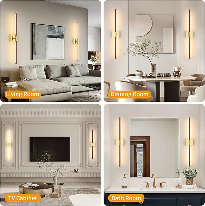 30″ Walnut Battery Operated Wall Sconces with Remote Control, Rechargeable Wall Sconces Set of 2, LED Sconces Wall Lighting, Wireless Wall Lights for Bedroom, Living Room, Background Wall