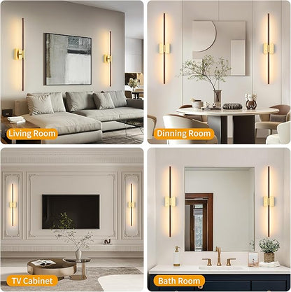 30″ Walnut Battery Operated Wall Sconces with Remote Control, Rechargeable Wall Sconces Set of 2, LED Sconces Wall Lighting, Wireless Wall Lights for Bedroom, Living Room, Background Wall