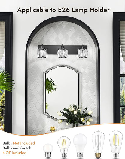 VOLISUN Crystal Vanity Lights for Bathrooms, 3 Light Bathroom Vanity Light, Modern Matte Black Bathroom Light Over Mirror, Black Bathrooms Lights Fixtures-UL Certificated(Exclude Bulb)
