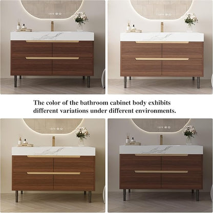 35.4" Freestanding Bathroom Vanity with Sintered Stone Countertop and Ceramic Basin Sink, Modern Bathroom Cabinet with 4 Soft Closing Drawers, Hidden Handle, Powder-Coated Metal Legs, Walnut