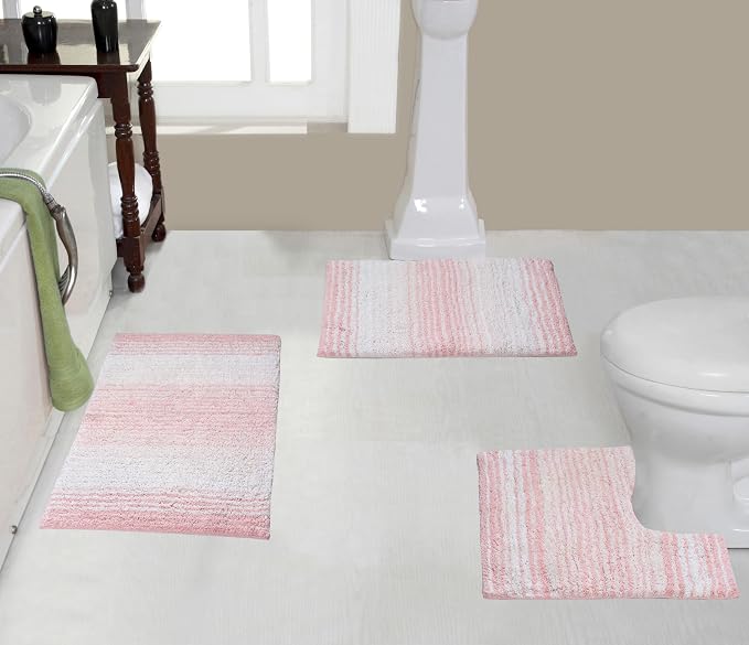 Home Weavers 100% Cotton Gradiation Collection Bathroom Décor | Washable Rug | Bathroom Mat | Kitchen Mat | Bathroom Rug Set | Bath Mat Set | Bath Floor Mat Non Slip, 3 Piece Set with Contour, Pink