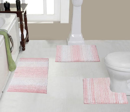 Home Weavers 100% Cotton Gradiation Collection Bathroom Décor | Washable Rug | Bathroom Mat | Kitchen Mat | Bathroom Rug Set | Bath Mat Set | Bath Floor Mat Non Slip, 3 Piece Set with Contour, Pink