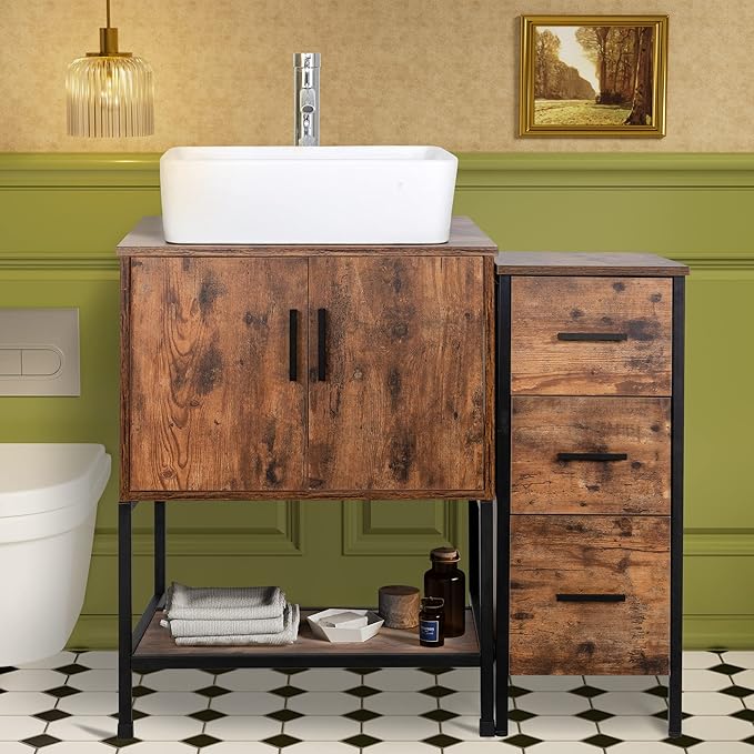 UEV 36" Antique Bathroom Vanity, Dark Brown Bathroom Vanity Set with Sink and 3 Drawers Side Cabinet Combo, Iron Wood Bathroom Cabinet with Adjustable Water Temperature Faucet (T03)