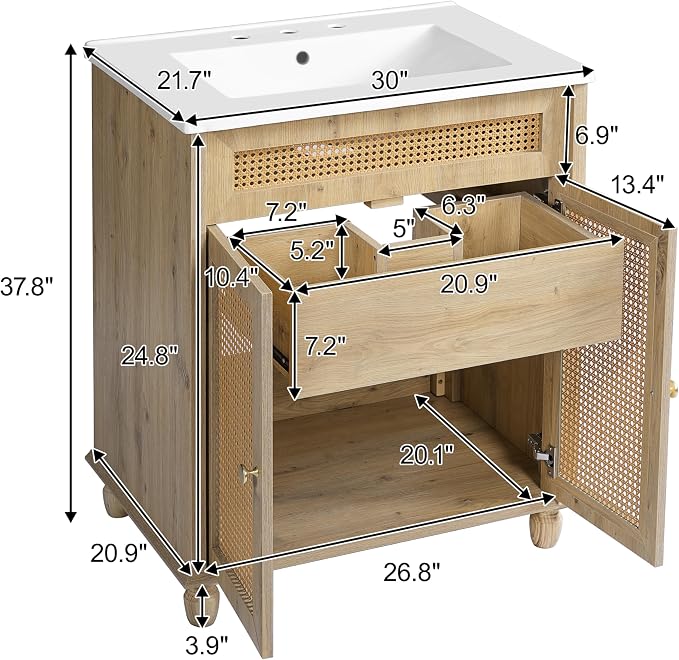 30-Inch Bathroom Vanity with Handwoven Rattan Doors, Shatter-Resistant Resin Basin & Solid Wood Legs – Space-Saving Design, Soft-Close Hinges, Easy Assembly for Small Bathrooms (Natural Wood, 30")