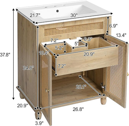 30-Inch Bathroom Vanity with Handwoven Rattan Doors, Shatter-Resistant Resin Basin & Solid Wood Legs – Space-Saving Design, Soft-Close Hinges, Easy Assembly for Small Bathrooms (Natural Wood, 30")
