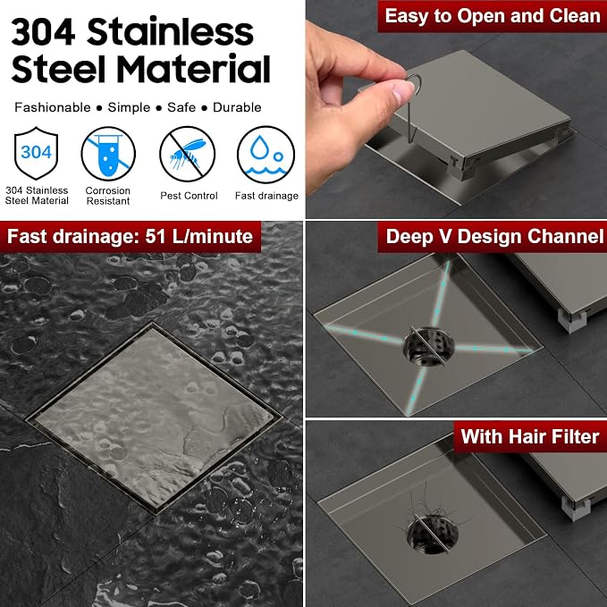 DLONE® Shower Drain | 6 Inch Gun Gray with Tile Insert Panel | Square Shower Drain, with Hair Catcher, Shower Floor Drain Fits Bathroom & Balcony etc