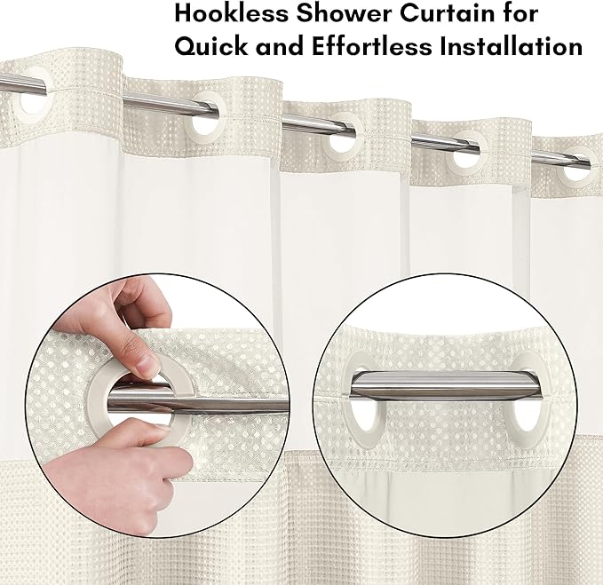 Americanflat 72x75 Hookless Waffle Pattern Shower Curtain - Water-Resistant Long Shower Curtain with Sheer Panel, Snap-in Liner, and Durable Grommets - 100% Polyester - Ivory