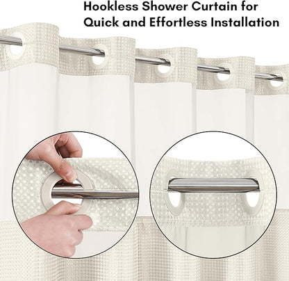Americanflat 72x75 Hookless Waffle Pattern Shower Curtain - Water-Resistant Long Shower Curtain with Sheer Panel, Snap-in Liner, and Durable Grommets - 100% Polyester - Ivory