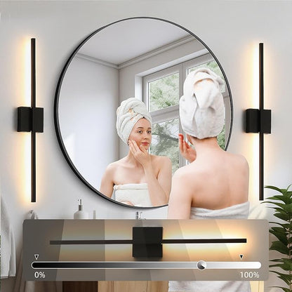 Black Wall Sconces Set of Two, 28 Inch Dimmable LED Bathroom | Wall Sconce Modern Black Sconces Set of 2 for Bathroom, Living Room, Bedroom, Hardwired 3000K (2 Pack)