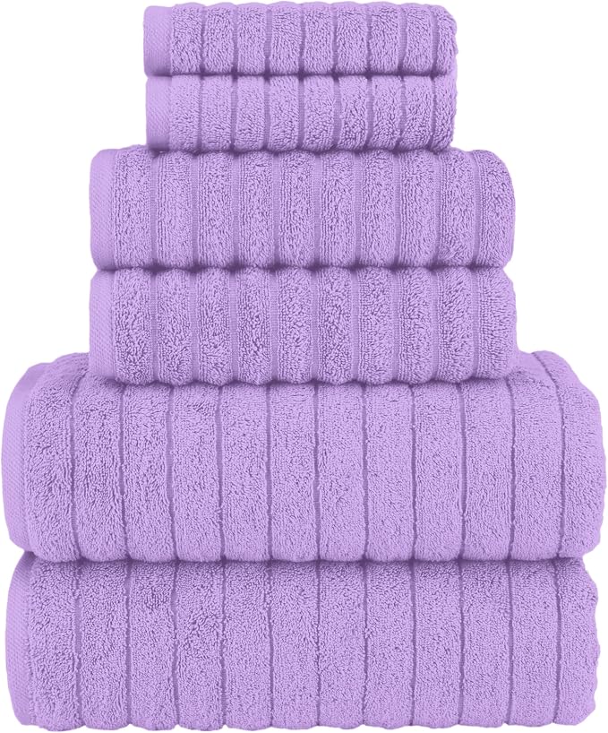 Elegant Comfort 100% Turkish Cotton Corduroy Ribbed Luxury Bath Towels 6-Piece Set, Premium Feel - Quick Dry, Highly Absorbent, Contains 2 Bath Towels, 2 Hand Towels, and 2 Washcloths, Lilac